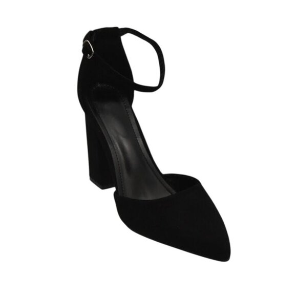 Black Suede High Heel Shoes Womens 10 Block Heel Ankle Strap Pointed Toe - Picture 1 of 6